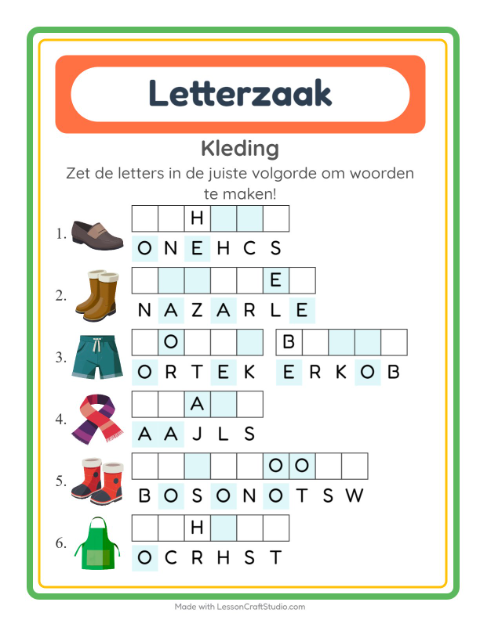 Voorbeeld van het Woordpuzzel-werkblad met Kleding voor groep 3