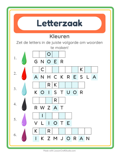 Voorbeeld van het Woordpuzzel-werkblad met Kleuren voor groep 3