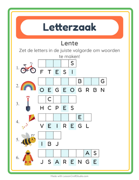 Voorbeeld van het Woordpuzzel-werkblad met Lente voor groep 3