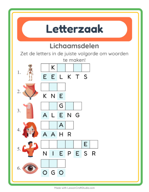 Voorbeeld van het Woordpuzzel-werkblad met Lichaamsdelen voor groep 3