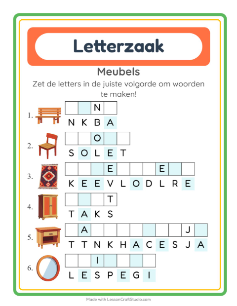 Voorbeeld van het Woordpuzzel-werkblad met Meubels voor groep 3