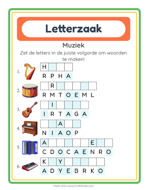 Voorbeeld van het Woordpuzzel-werkblad met Muziek voor groep 3