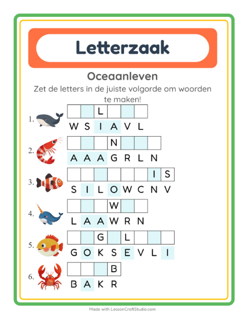 Voorbeeld van het Woordpuzzel-werkblad met Oceaanleven voor groep 3
