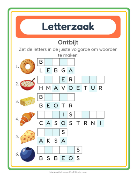 Voorbeeld van het Woordpuzzel-werkblad met Ontbijt voor groep 3