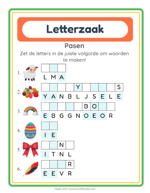 Voorbeeld van het Woordpuzzel-werkblad met Pasen voor groep 3