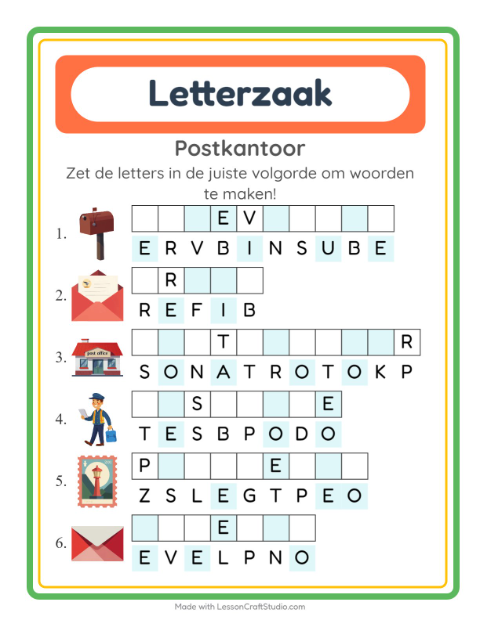 Voorbeeld van het Woordpuzzel-werkblad met Postkantoor voor groep 3