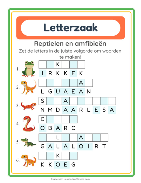 Voorbeeld van het Woordpuzzel-werkblad met Reptielen en amfibieën voor groep 3