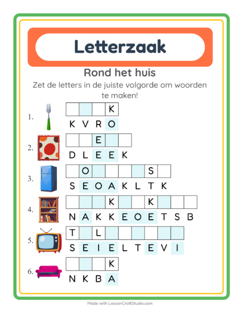 Voorbeeld van het Woordpuzzel-werkblad met Rond het huis voor groep 3