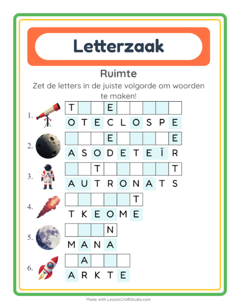 Voorbeeld van het Woordpuzzel-werkblad met Ruimte voor groep 3