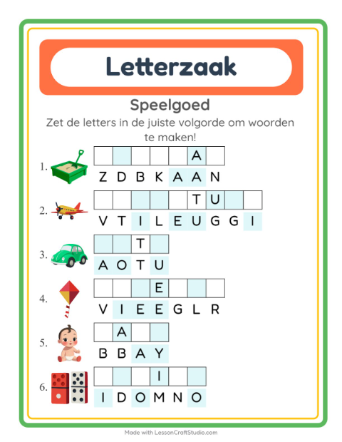 Voorbeeld van het Woordpuzzel-werkblad met Speelgoed voor groep 3