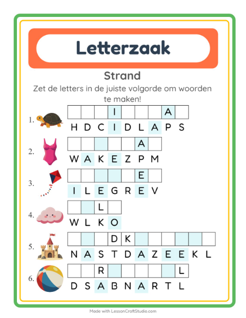Voorbeeld van het Woordpuzzel-werkblad met Strand voor groep 3