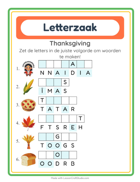 Voorbeeld van het Woordpuzzel-werkblad met Thanksgiving voor groep 3