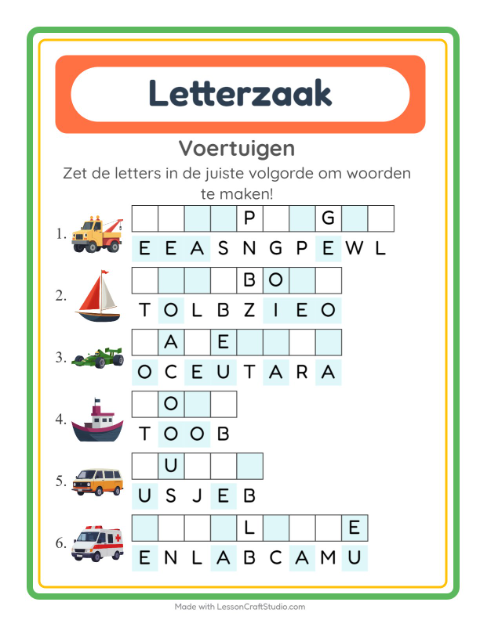 Voorbeeld van het Woordpuzzel-werkblad met Voertuigen voor groep 3