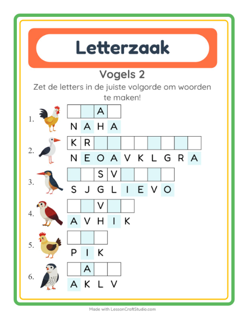 Voorbeeld van het Woordpuzzel-werkblad met Vogels 2 voor groep 3
