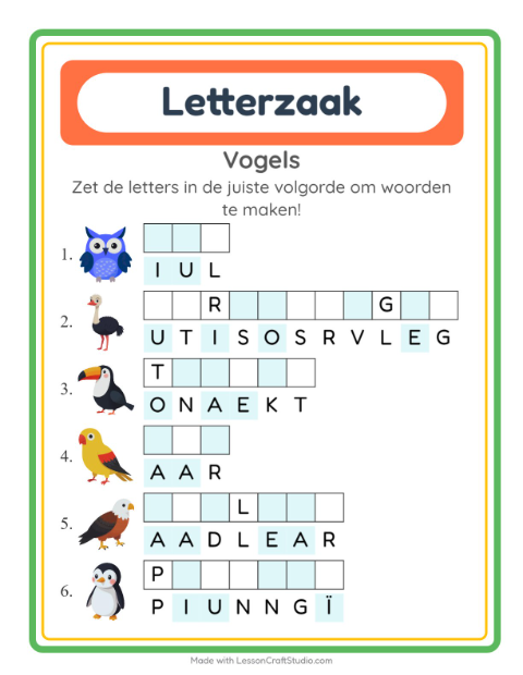 Voorbeeld van het Woordpuzzel-werkblad met Vogels voor groep 3