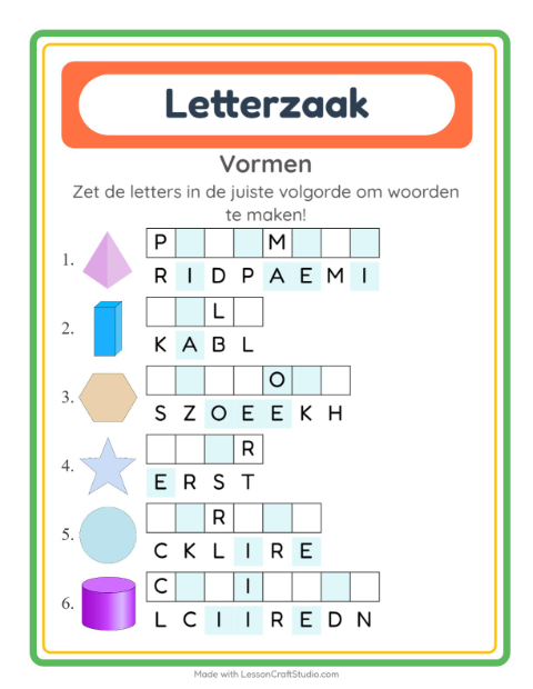 Voorbeeld van het Woordpuzzel-werkblad met Vormen voor groep 3