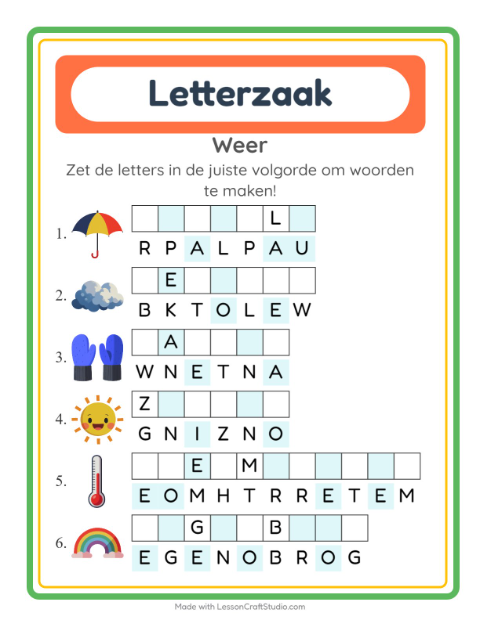 Voorbeeld van het Woordpuzzel-werkblad met Weer voor groep 3