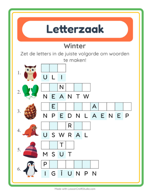 Voorbeeld van het Woordpuzzel-werkblad met Winter voor groep 3