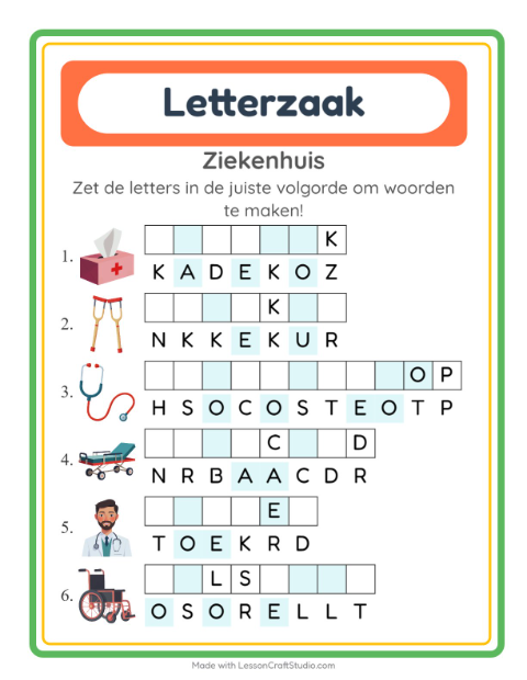 Voorbeeld van het Woordpuzzel-werkblad met Ziekenhuis voor groep 3
