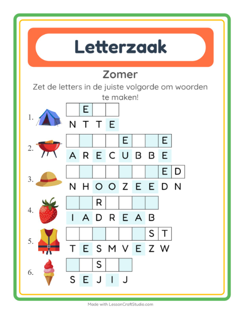 Voorbeeld van het Woordpuzzel-werkblad met Zomer voor groep 3