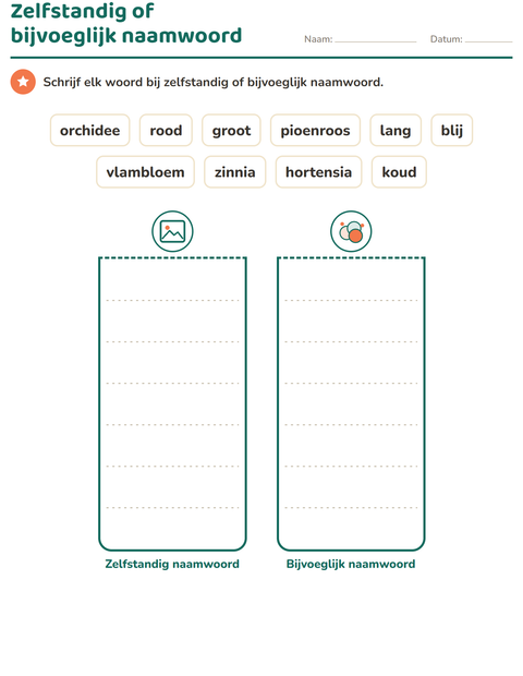 Voorbeeld van het Woordsoorten-werkblad met Bloemen voor groep 3