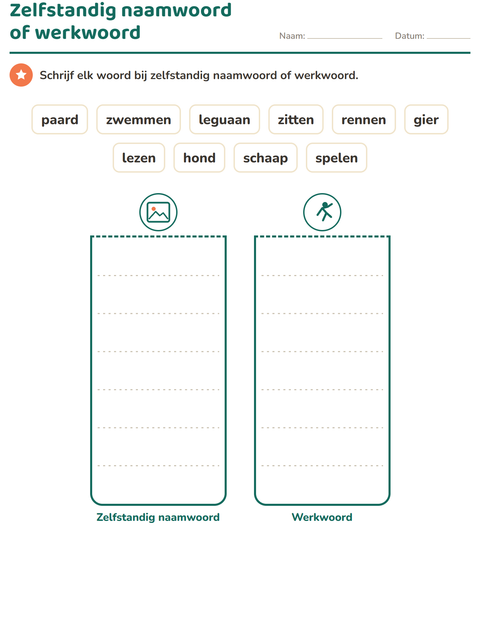 Voorbeeld van het Woordsoorten-werkblad met Dieren voor groep 3