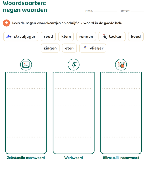 Voorbeeld van het Woordsoorten-werkblad met Dingen die vliegen voor groep 4