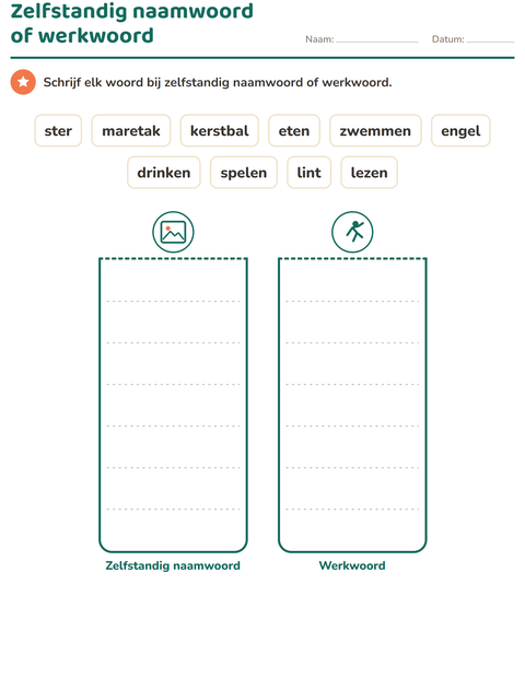Voorbeeld van het Woordsoorten-werkblad met Kerstmis voor groep 3