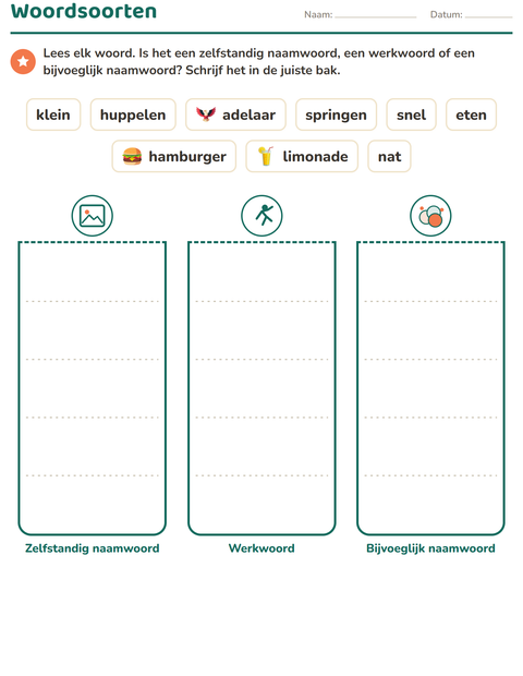 Voorbeeld van het Woordsoorten-werkblad met 4 juli voor groep 4