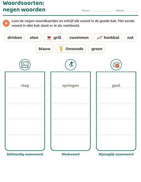 Voorbeeld van het Woordsoorten-werkblad met 4 juli voor groep 4