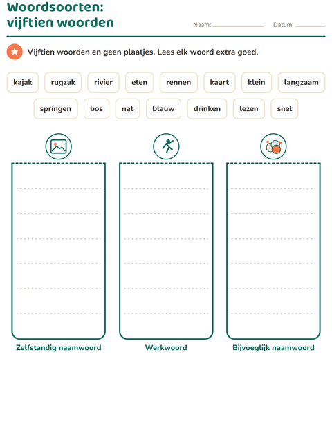 Voorbeeld van het Woordsoorten-werkblad met Kamperen voor groep 4