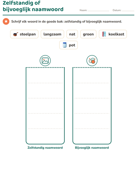 Voorbeeld van het Woordsoorten-werkblad met Keukengerei voor groep 3