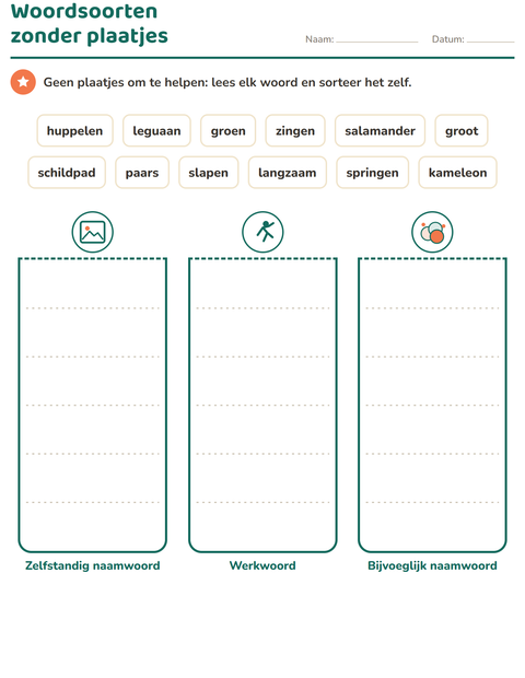Voorbeeld van het Woordsoorten-werkblad met Reptielen en amfibieën voor groep 4