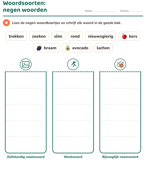 Voorbeeld van het Woordsoorten-werkblad met Fruit voor groep 4