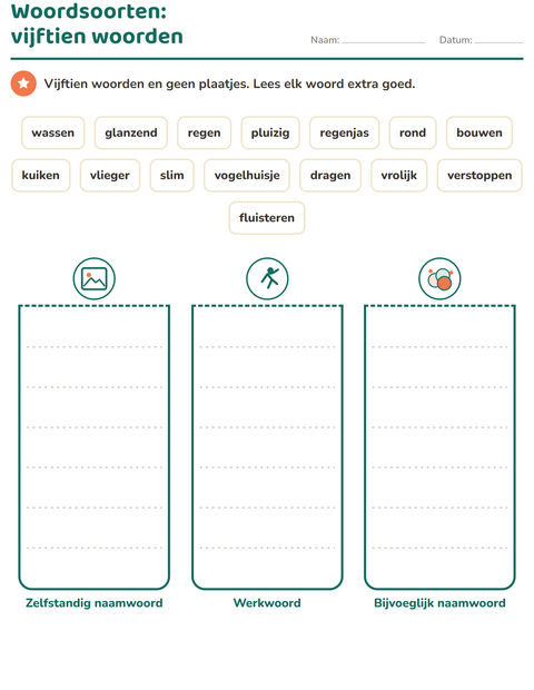 Voorbeeld van het Woordsoorten-werkblad met Lente voor groep 4