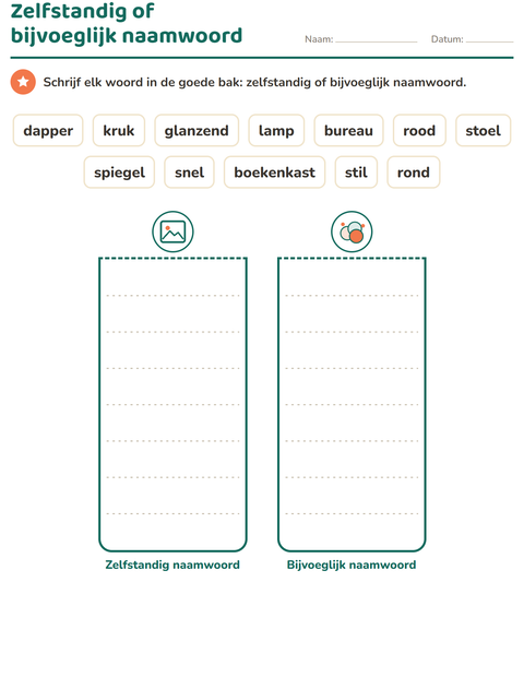 Voorbeeld van het Woordsoorten-werkblad met Meubels voor groep 3