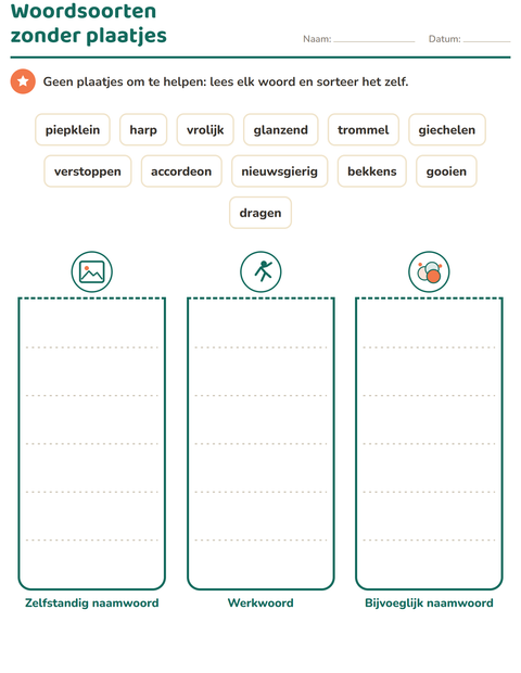 Voorbeeld van het Woordsoorten-werkblad met Muziek voor groep 4