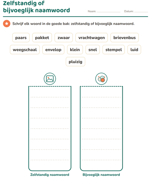Voorbeeld van het Woordsoorten-werkblad met Postkantoor voor groep 3