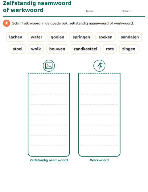 Voorbeeld van het Woordsoorten-werkblad met Strand voor groep 3