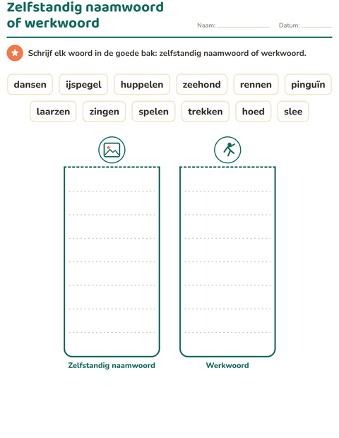 Voorbeeld van het Woordsoorten-werkblad met Winter voor groep 3