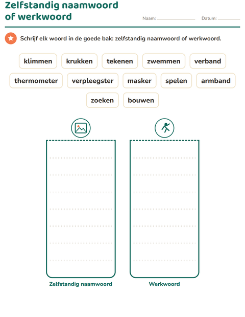 Voorbeeld van het Woordsoorten-werkblad met Ziekenhuis voor groep 3