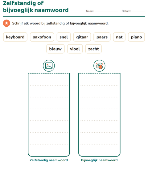 Voorbeeld van het Woordsoorten-werkblad met Muziek voor groep 3