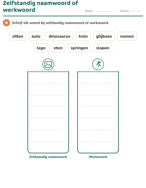Zelfstandig naamwoord of werkwoord? Tien woorden in twee bakken