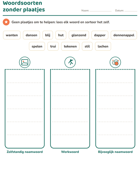 Voorbeeld van het Woordsoorten-werkblad met Winter voor groep 4