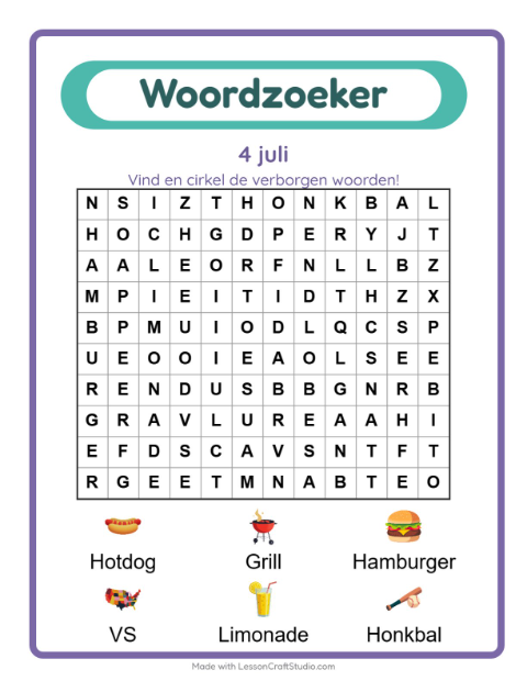Voorbeeld van het Woordzoeker-werkblad met 4 juli voor groep 3