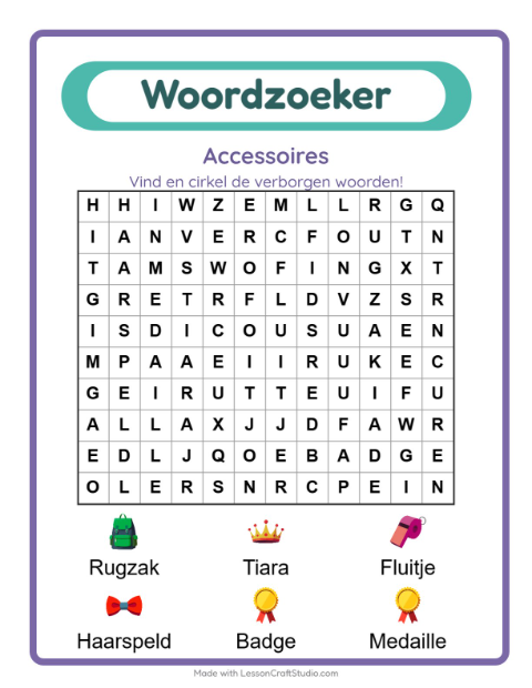 Voorbeeld van het Woordzoeker-werkblad met Accessoires voor groep 3