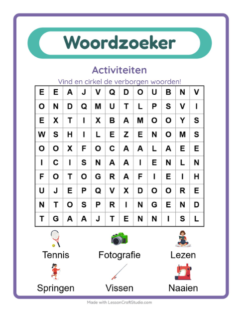 Voorbeeld van het Woordzoeker-werkblad met Activiteiten voor groep 3