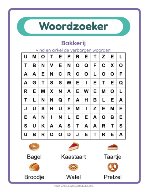 Voorbeeld van het Woordzoeker-werkblad met Bakkerij voor groep 3