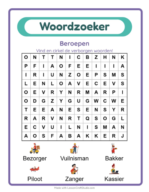Voorbeeld van het Woordzoeker-werkblad met Beroepen voor groep 3