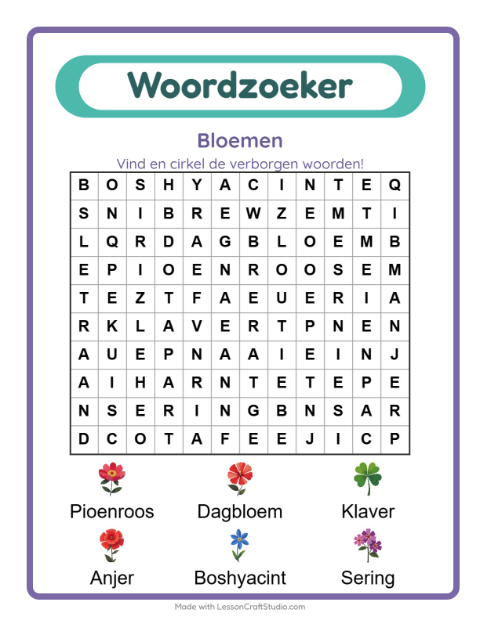 Voorbeeld van het Woordzoeker-werkblad met Bloemen voor groep 3